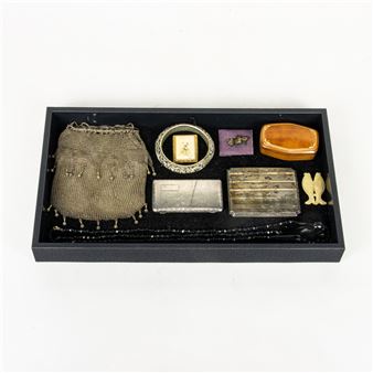 A lot of vintage silver and jewelry accessories: two sterling cigarette cases; a Asian silver dragon bracelet - Jet Black