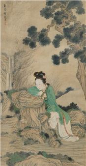 PAINTING OF A LADY FISHING AT A RIVERBANK - Xie Ming