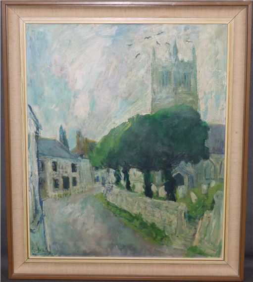 depicting village street scene with church by Adrian Ryan