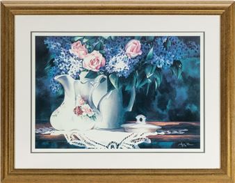 Still life. Jug of roses and hydrangeas. Lithograph. Signed lower right 1993. H: 37cm x 54cm (Frame 61cm x 79cm) - Arleta Pech