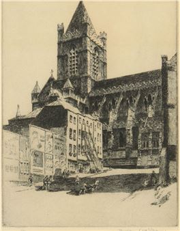 A detailed etching of a historic cathedral complex with surrounding urban life.