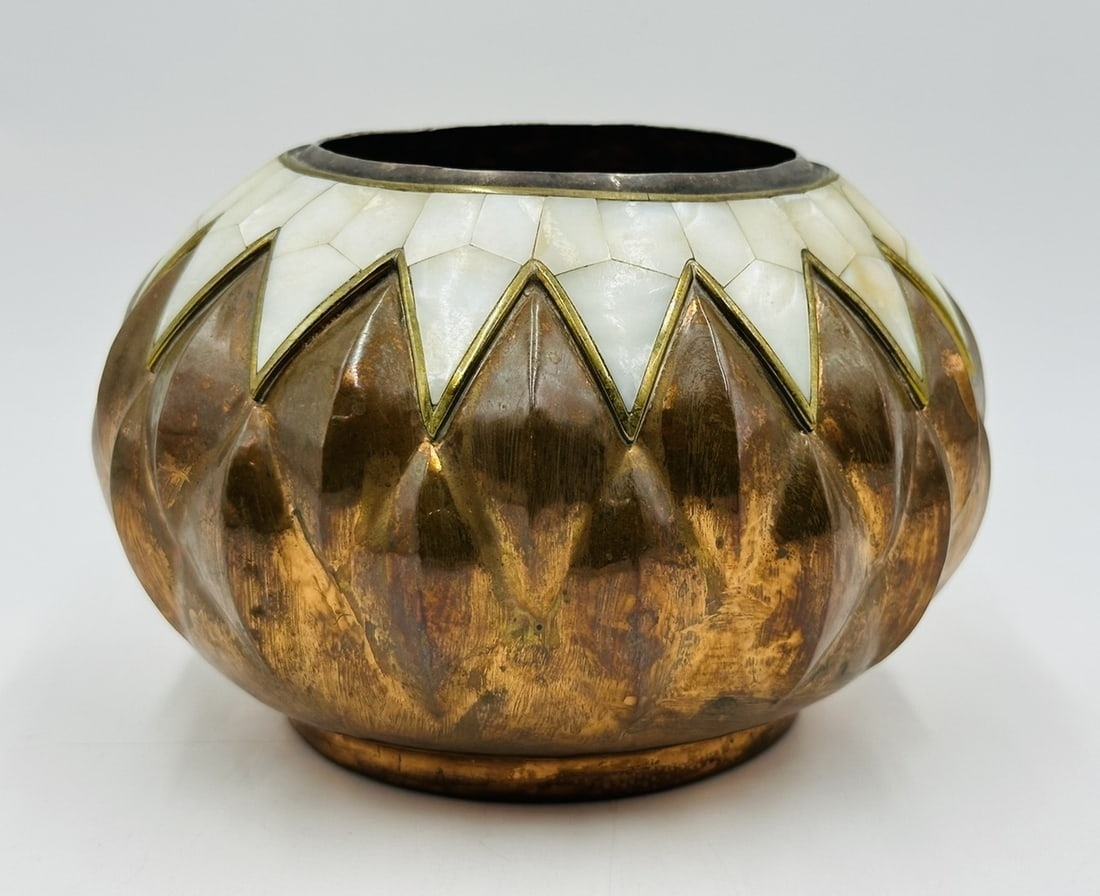 Artwork by Los Castillo, Copper and Mother of Pearl Inlay Lobed Vase by Los Castillo, Mexico 1960's, Made of sculpture