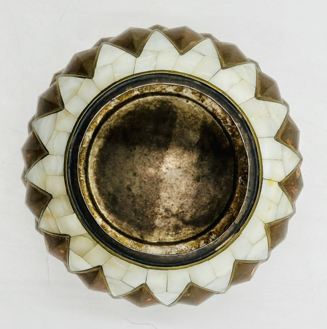 Artwork by Los Castillo, Copper and Mother of Pearl Inlay Lobed Vase by Los Castillo, Mexico 1960's, Made of sculpture