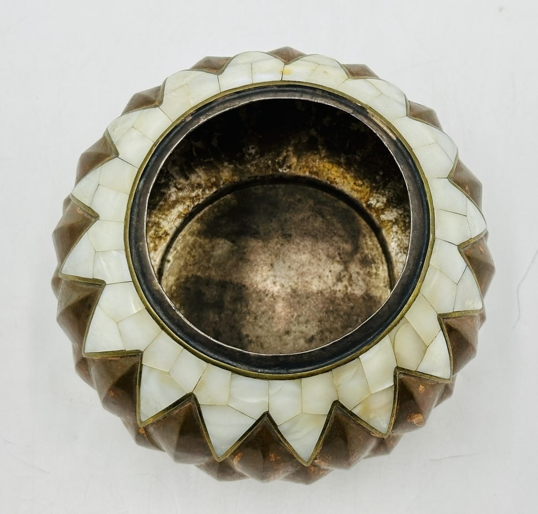 Artwork by Los Castillo, Copper and Mother of Pearl Inlay Lobed Vase by Los Castillo, Mexico 1960's, Made of sculpture