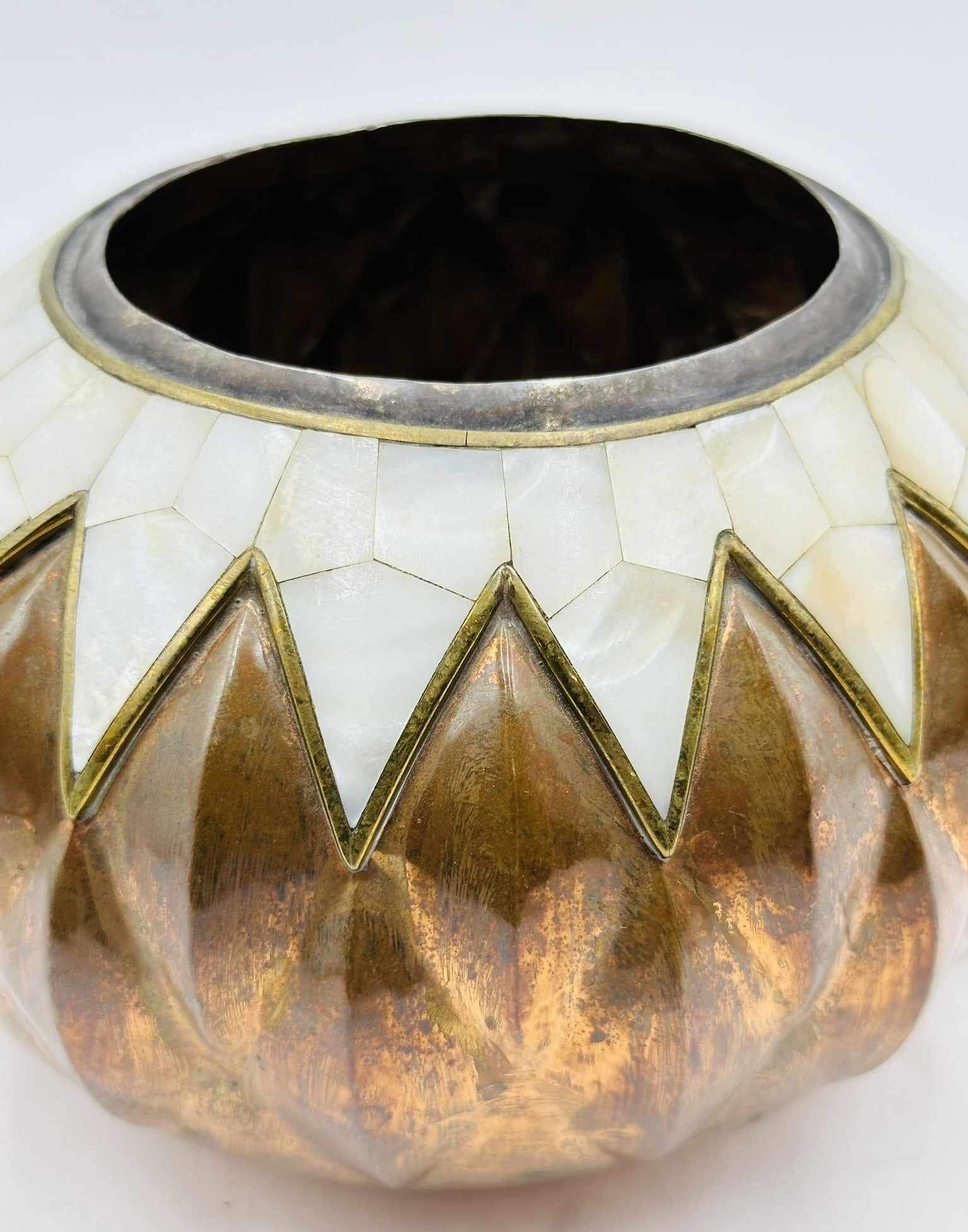 Artwork by Los Castillo, Copper and Mother of Pearl Inlay Lobed Vase by Los Castillo, Mexico 1960's, Made of sculpture