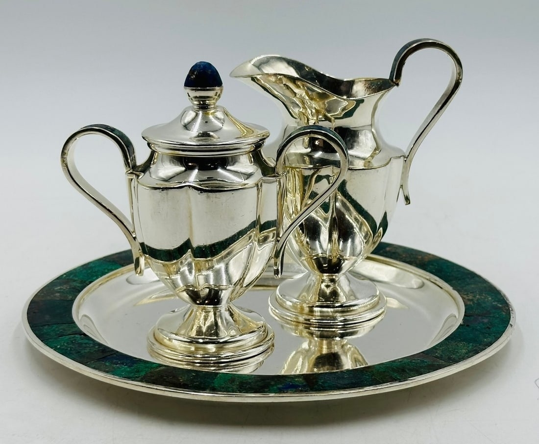 Artwork by Los Castillo, Los Castillo, Tea/Coffee Service Including Tray, Pitcher & Creamer w/ Azurite & Malachite, Mexico, Made of Malachite stone