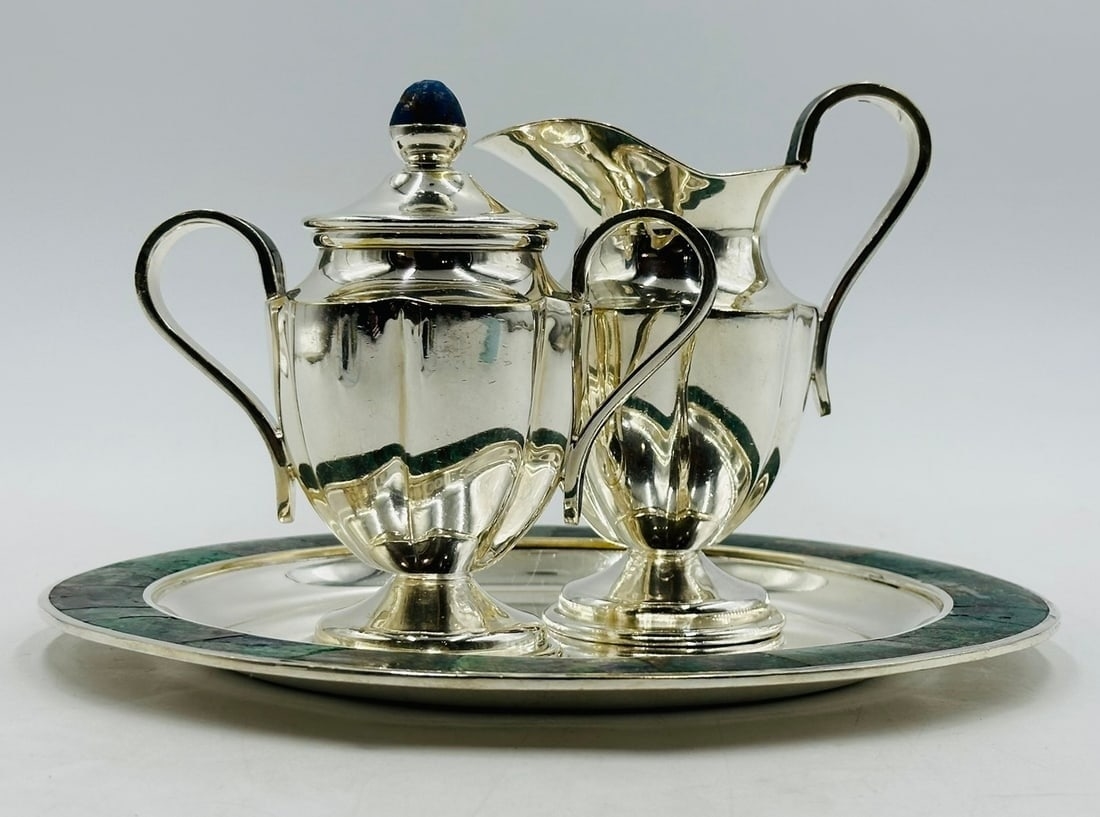 Artwork by Los Castillo, Los Castillo, Tea/Coffee Service Including Tray, Pitcher & Creamer w/ Azurite & Malachite, Mexico, Made of Malachite stone