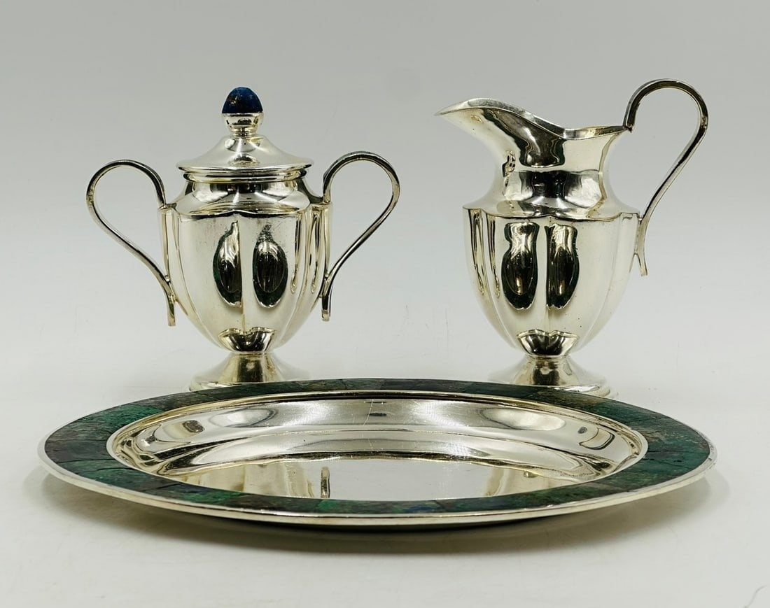 Artwork by Los Castillo, Los Castillo, Tea/Coffee Service Including Tray, Pitcher & Creamer w/ Azurite & Malachite, Mexico, Made of Malachite stone