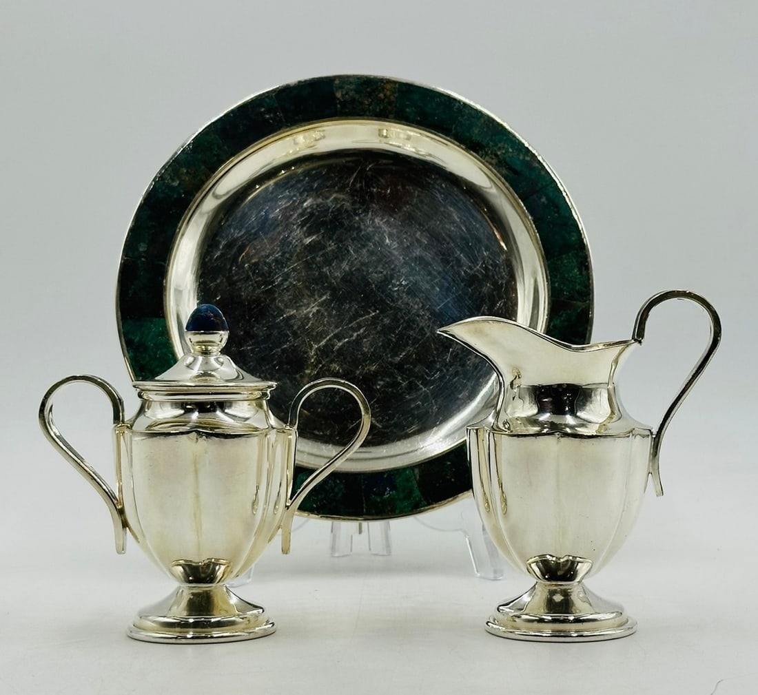 Artwork by Los Castillo, Los Castillo, Tea/Coffee Service Including Tray, Pitcher & Creamer w/ Azurite & Malachite, Mexico, Made of Malachite stone