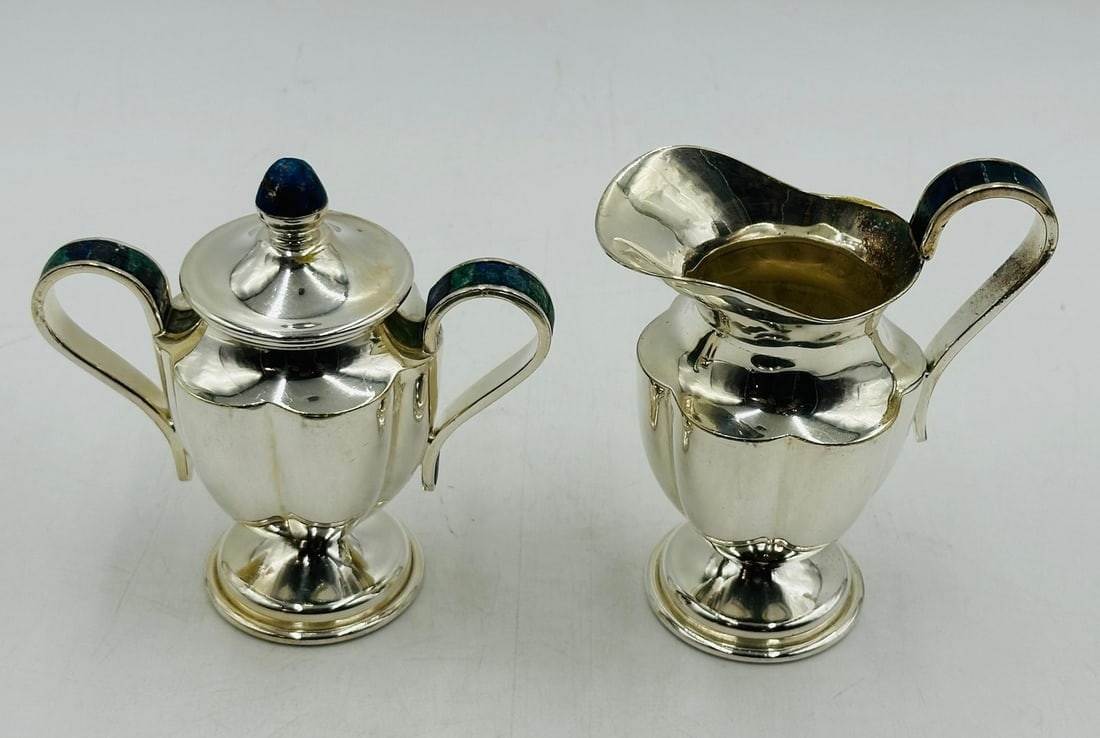 Artwork by Los Castillo, Los Castillo, Tea/Coffee Service Including Tray, Pitcher & Creamer w/ Azurite & Malachite, Mexico, Made of Malachite stone