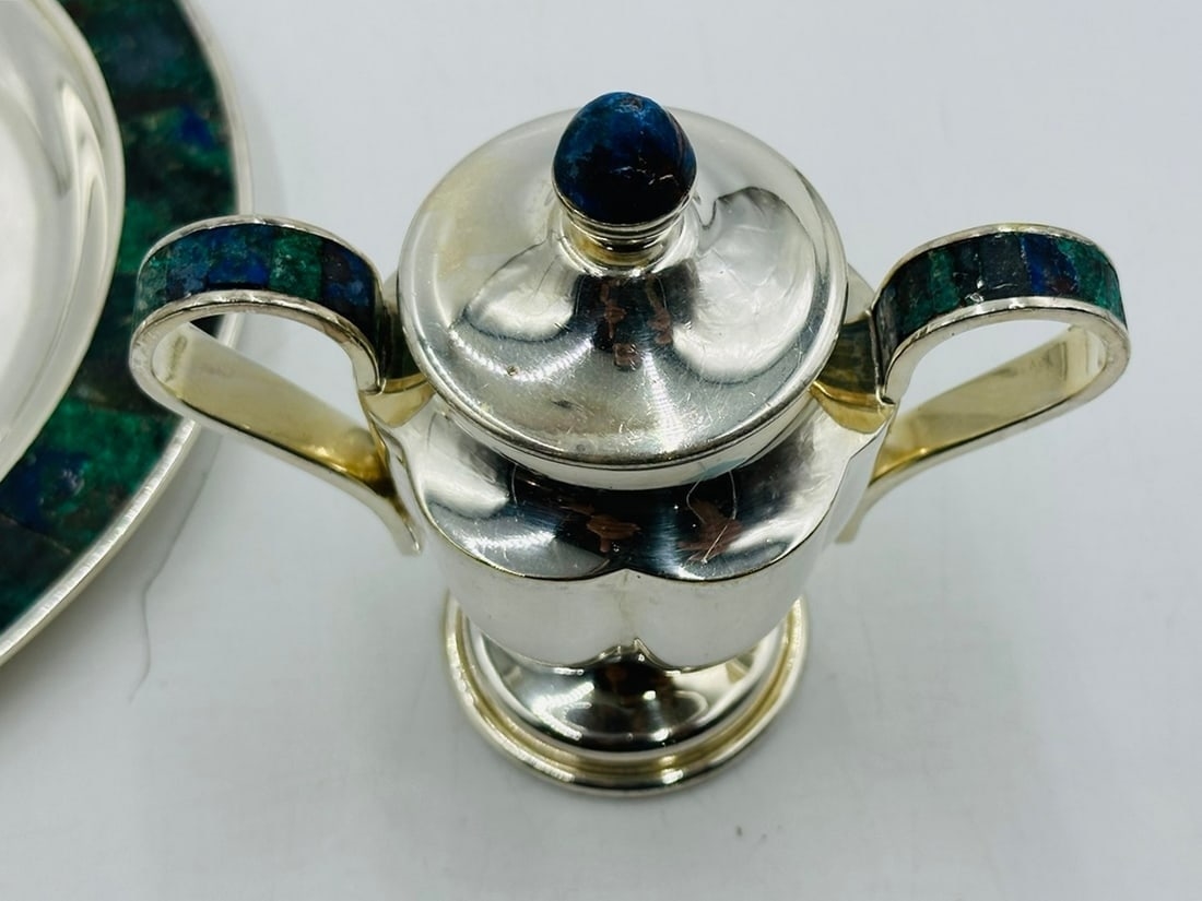 Artwork by Los Castillo, Los Castillo, Tea/Coffee Service Including Tray, Pitcher & Creamer w/ Azurite & Malachite, Mexico, Made of Malachite stone