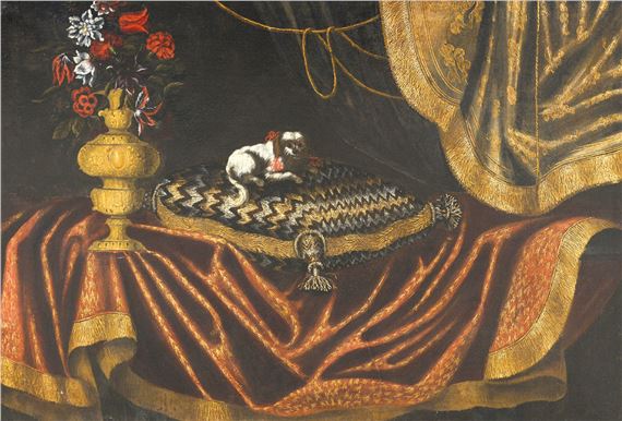 Still life with carpet, vase of flowers and small dog by Antonio Tibaldi