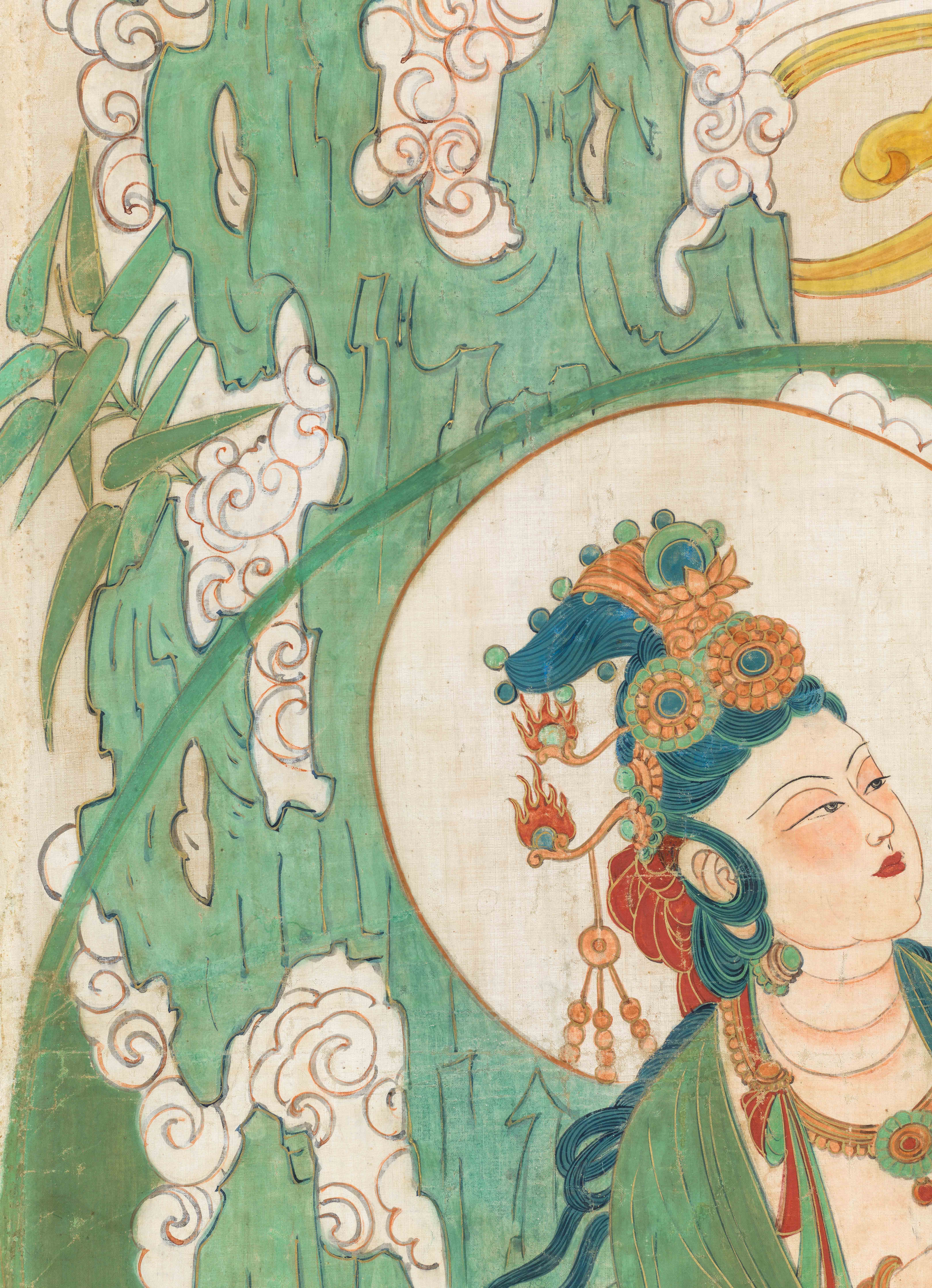 Artwork by Zhang Daqian, GUANYIN OF THE WATER MOON, Made of ink, color, and gold on cotton