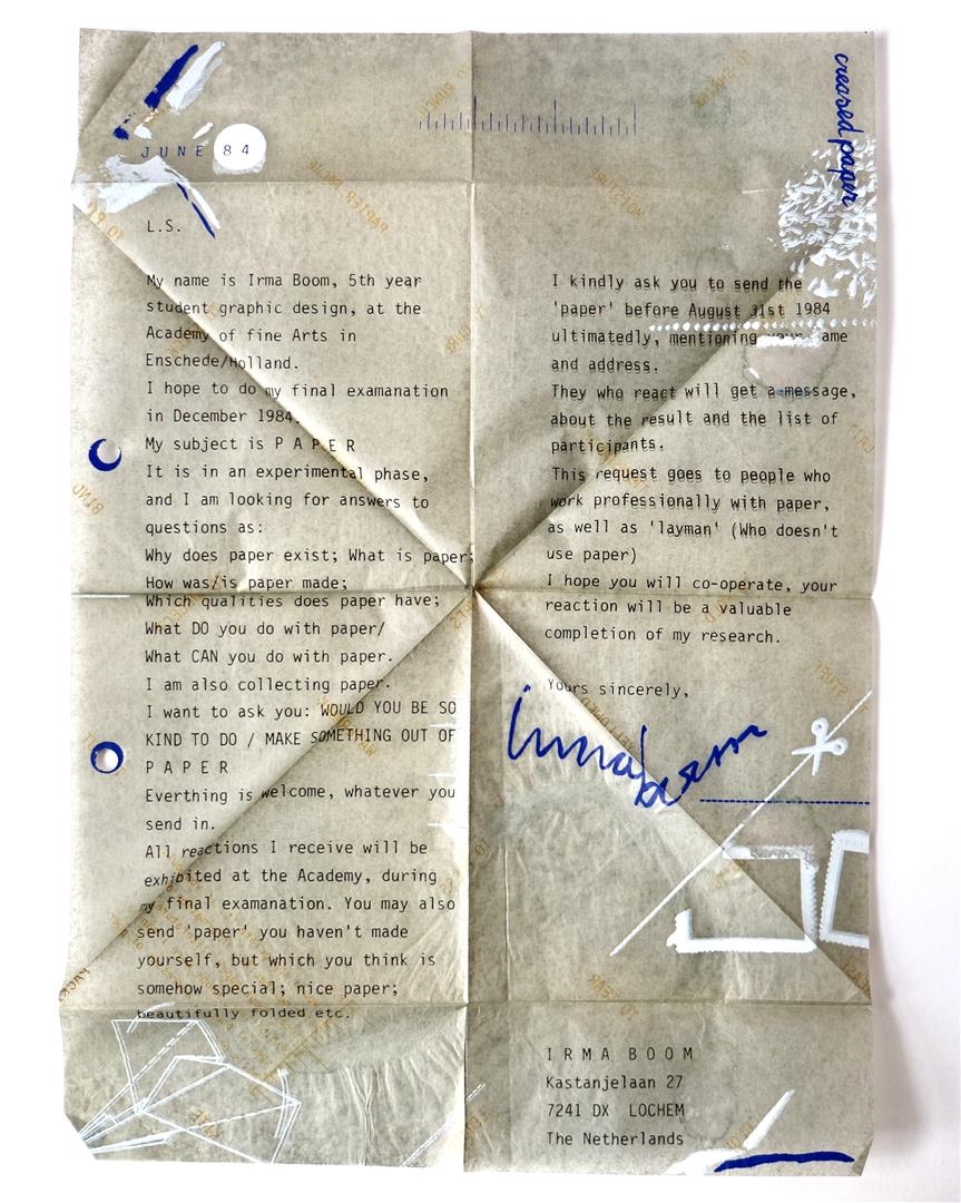 Artwork by Irma Boom, Participation call for graduation project,, Made of printed in blue, white