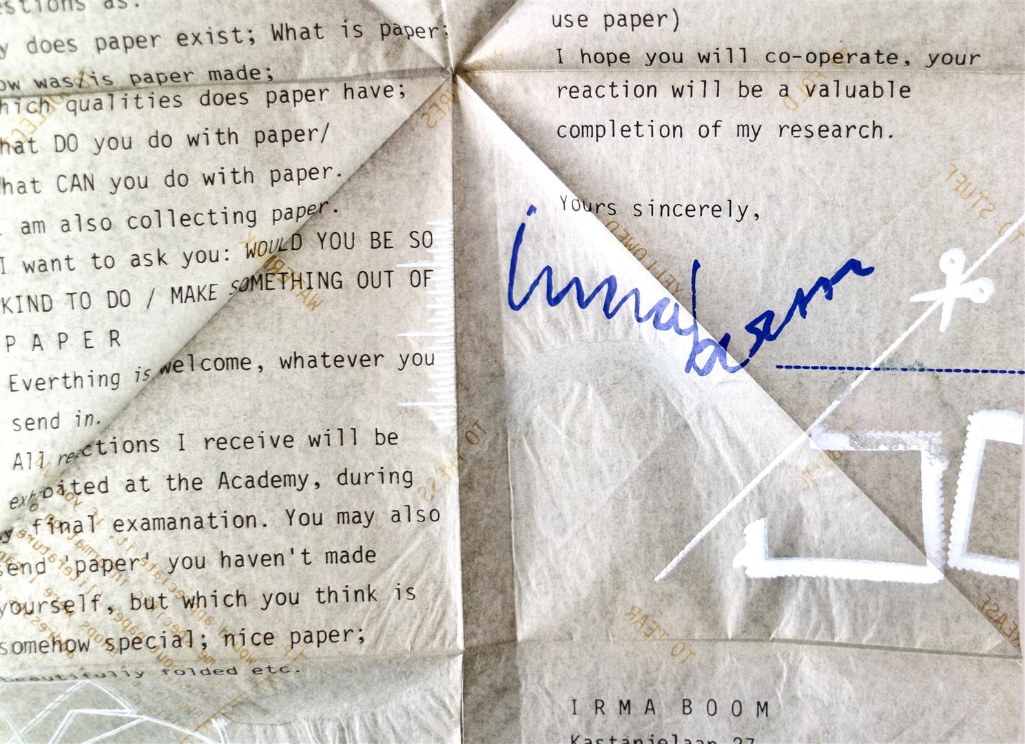 Artwork by Irma Boom, Participation call for graduation project,, Made of printed in blue, white