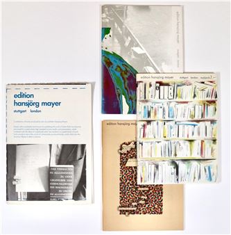 Exhibition poster and sales catalogues (1) Poster announcing two exhibitions of books produced   (2-4) Three Verlagsverzeichnis/booklists offering new titles, - Hansjorg Mayer