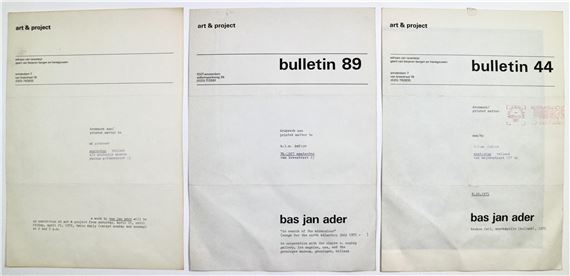 Two Art & Project bulletins and one flyer by Bas Jan Ader, October 10 1971 ,1975 ,April 15 - 21 1972