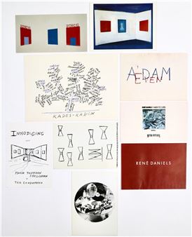 Invitation cards and press photos from the 1980s and 1990s  (1-11) Eleven b/w press photos with information stickers on rear, featuring installation shots, reproduction of works and one artist's portrait  (12-20) Nine announcement cards from the 1980s    (21-25) Five invitation cards from the 1990s - René Daniëls