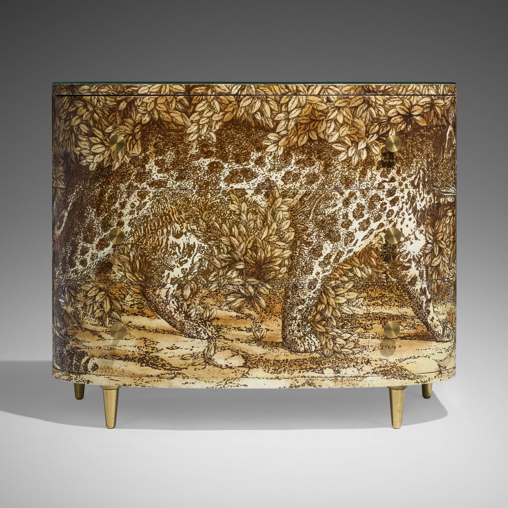 Artwork by Barnaba Fornasetti, Leopardo curved chest of drawers, Made of mahogany, brass