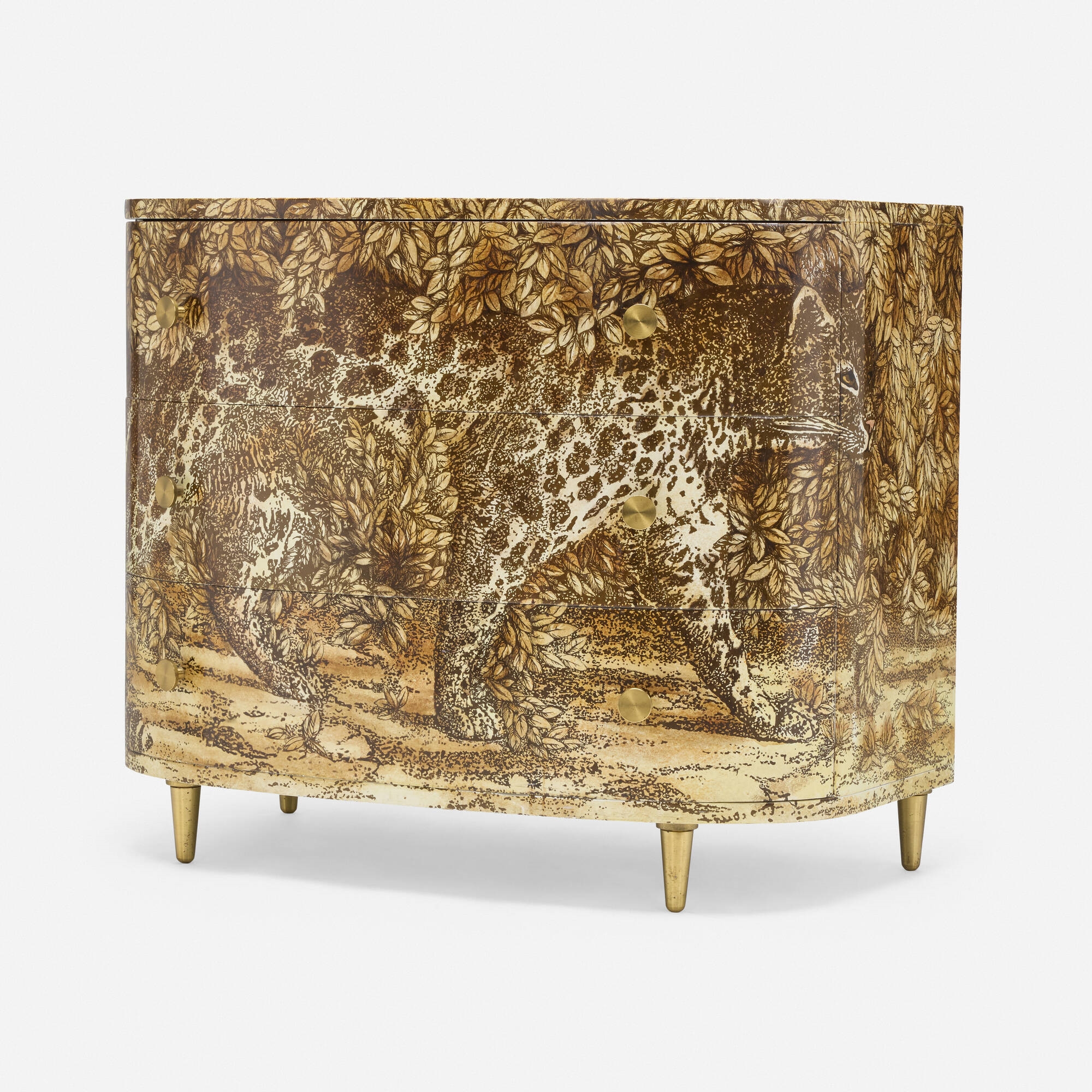 Artwork by Barnaba Fornasetti, Leopardo curved chest of drawers, Made of mahogany, brass