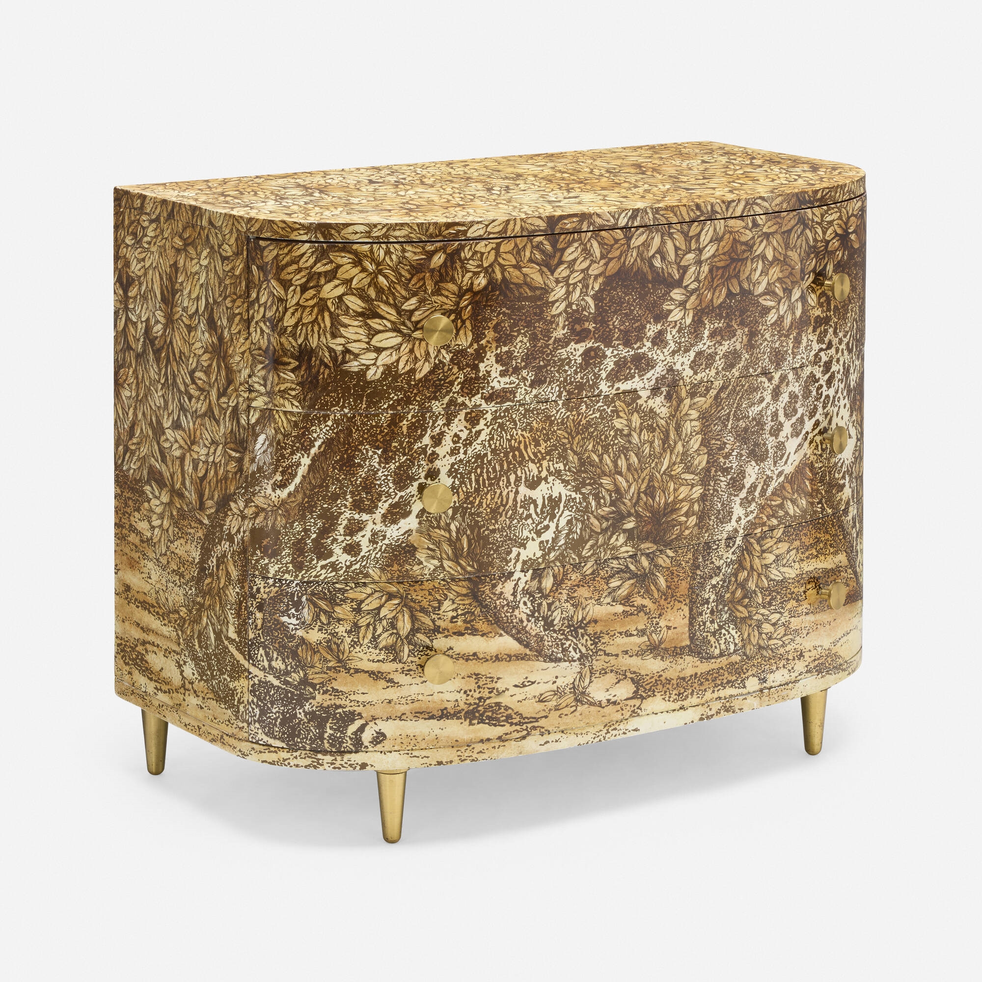 Artwork by Barnaba Fornasetti, Leopardo curved chest of drawers, Made of mahogany, brass