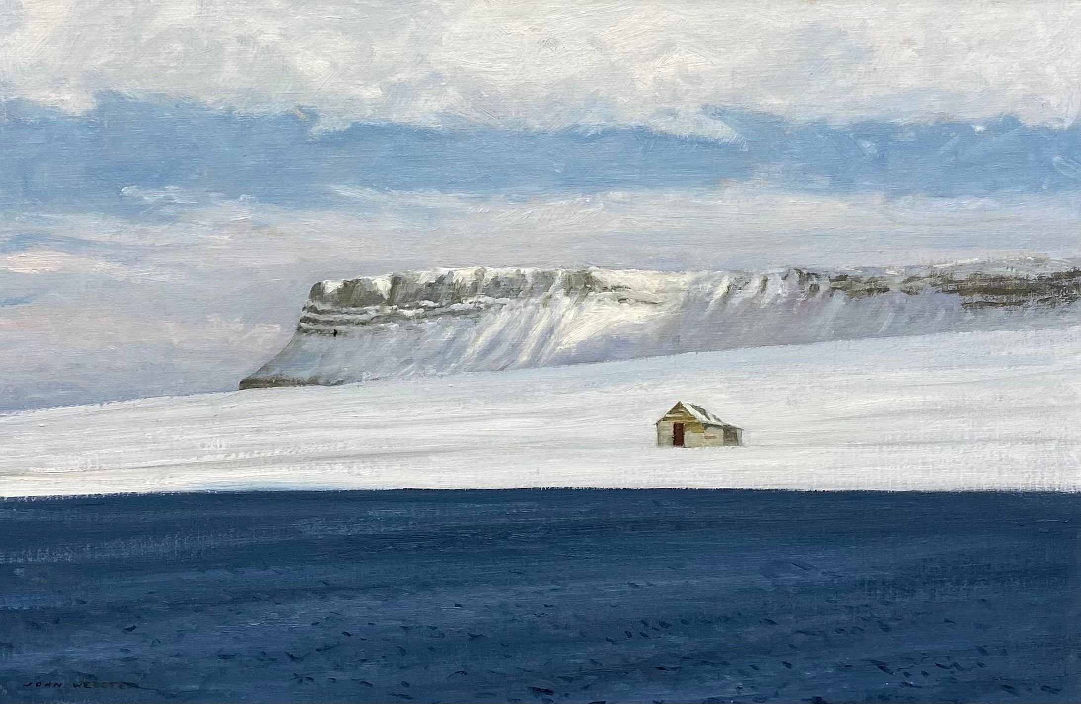 Artwork by John Bruce Webster, Oil on canvas: Arctic Trading Post, signed John Webster with gallery labels to the reverse. H.67 W, Made of Oil on canvas