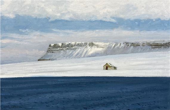 Oil on canvas: Arctic Trading Post, signed John Webster with gallery labels to the reverse. H.67 W - John Bruce Webster
