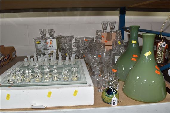 A GROUP OF GLASSWARE, comprising two Mike Hunter 'Twist' vases, height of tallest 31cm, a Mdina by Mike Hunter