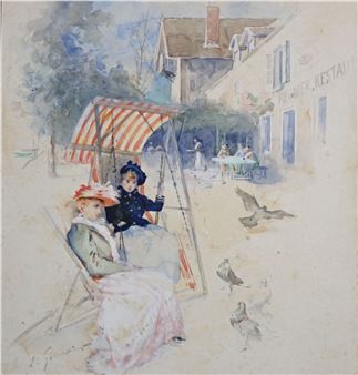 GIRARDIN Emile (XIX's) Discussion entre deux élégantes à la balançoire dans la cours du restaurant - Émile de Girardin