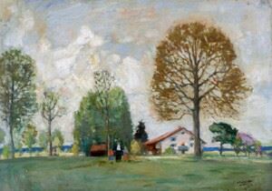 Mutter mit Kindern vor einem Bauernhof by Walter Geffcken, 1936