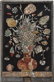 A Dutch Baroque engraved mother-of-pearl, bone and hardstone inlaid slate panel by Dirck van Rijswijck (1596-1679 - Dirck Van Rijswijck