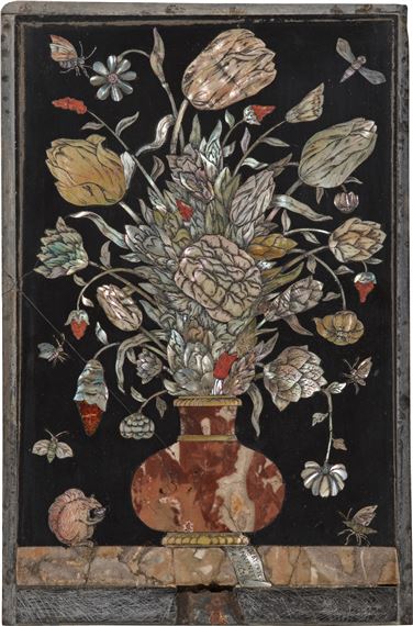 A Dutch Baroque engraved mother-of-pearl, bone and hardstone inlaid slate panel by Dirck van Rijswijck (1596-1679 by Dirck Van Rijswijck, circa 1660/1670
