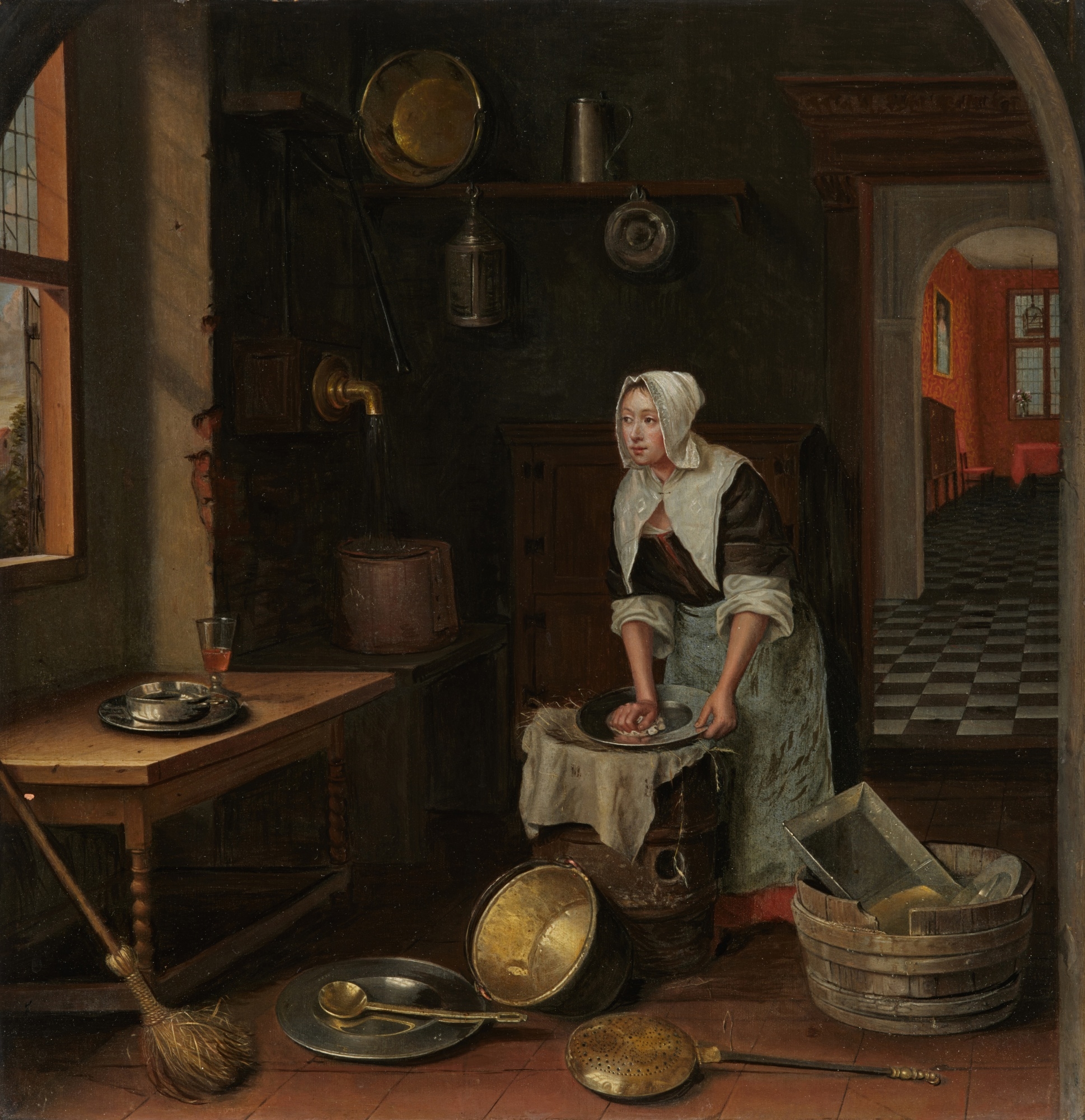 Pieter Bosch | A kitchen maid washing a pewter plate in a feigned ...