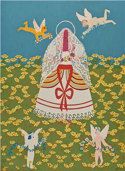 A whimsical illustration of a bride surrounded by winged figures in a field of yellow flowers.