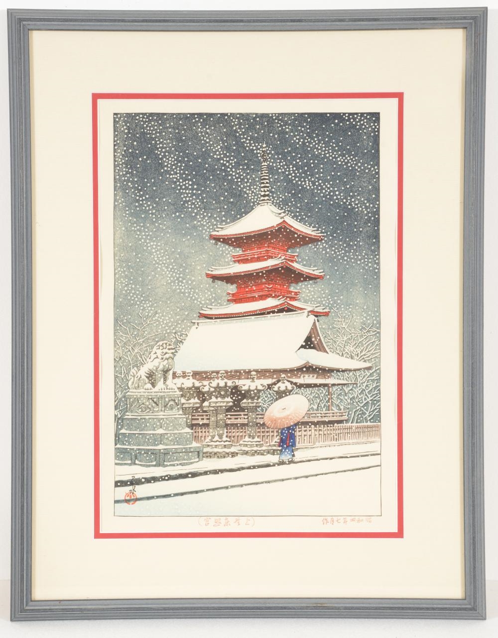 Artwork by Hasui Kawase, Snow at Ueno Toshogu Shrine, Made of color woodblock print