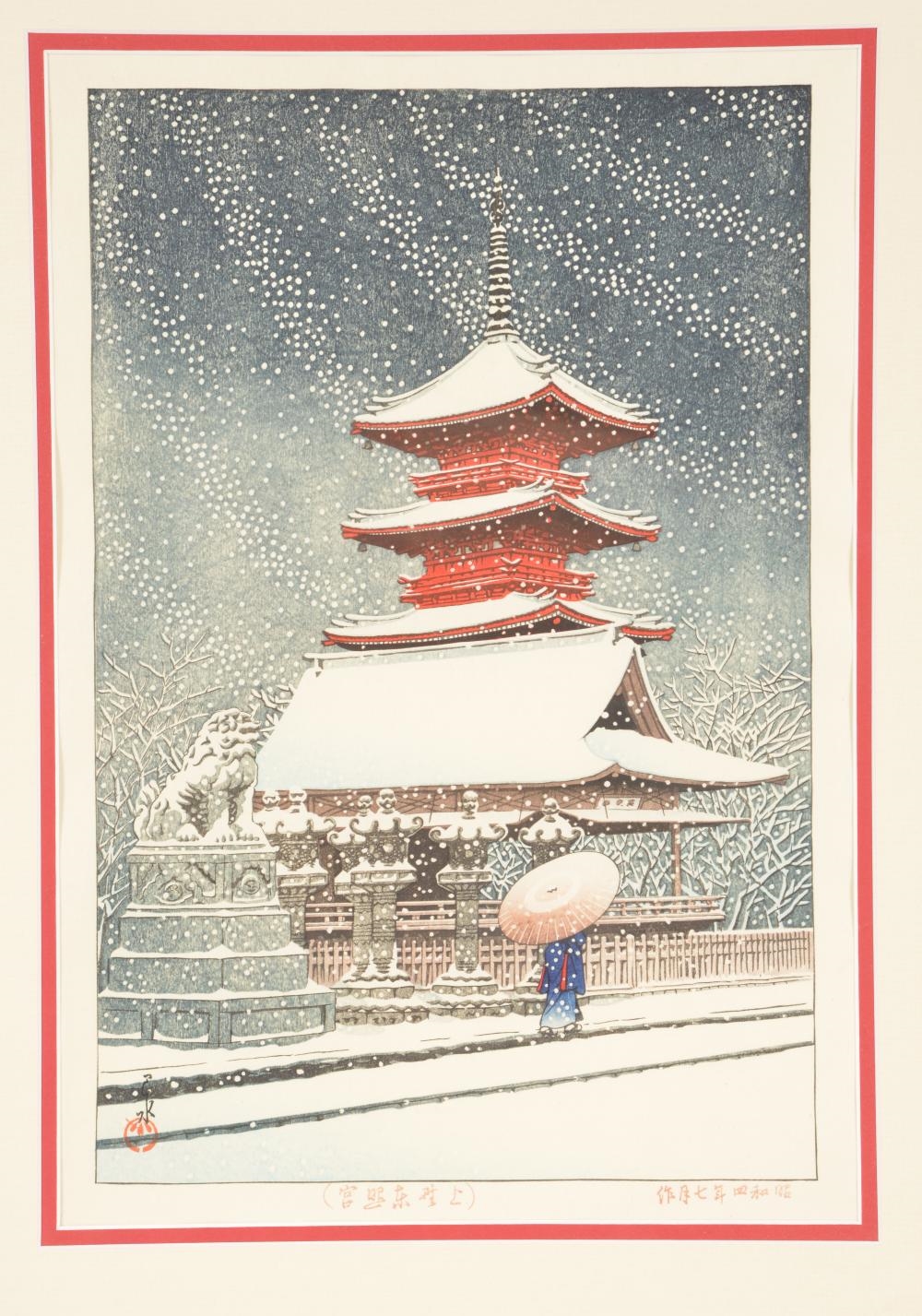 Artwork by Hasui Kawase, Snow at Ueno Toshogu Shrine, Made of color woodblock print