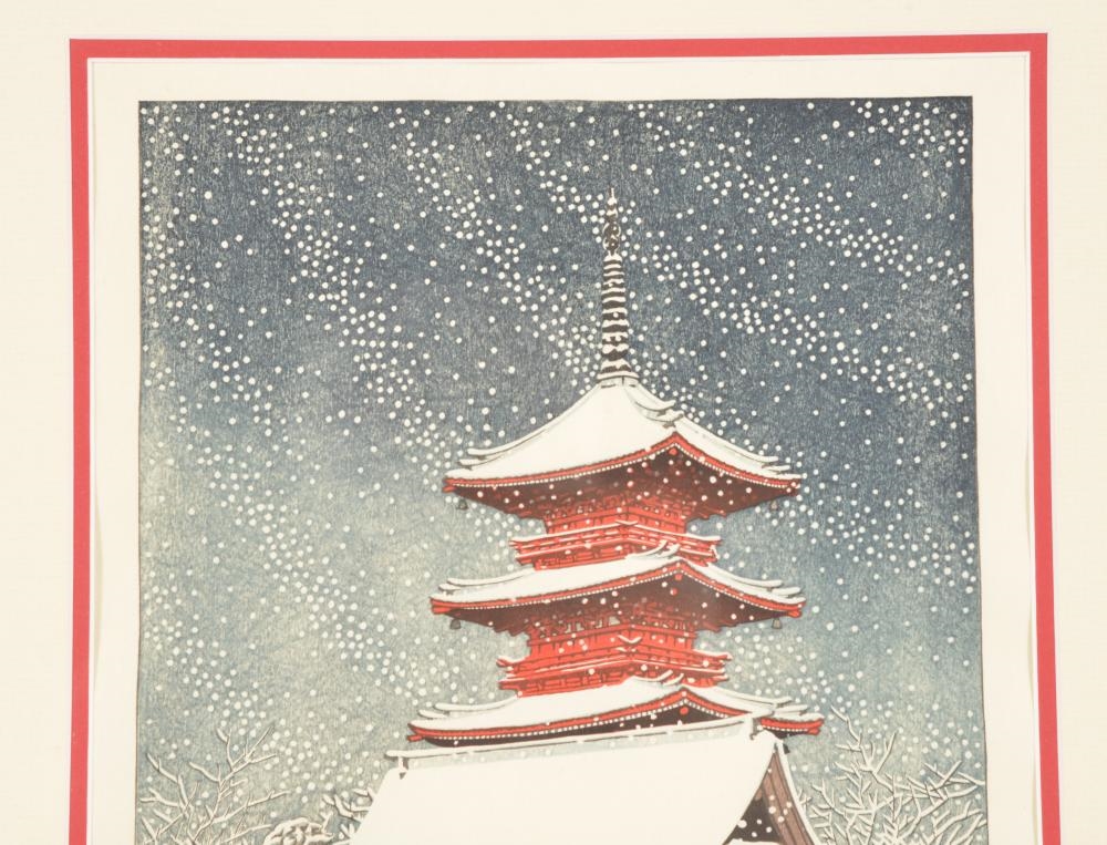 Artwork by Hasui Kawase, Snow at Ueno Toshogu Shrine, Made of color woodblock print