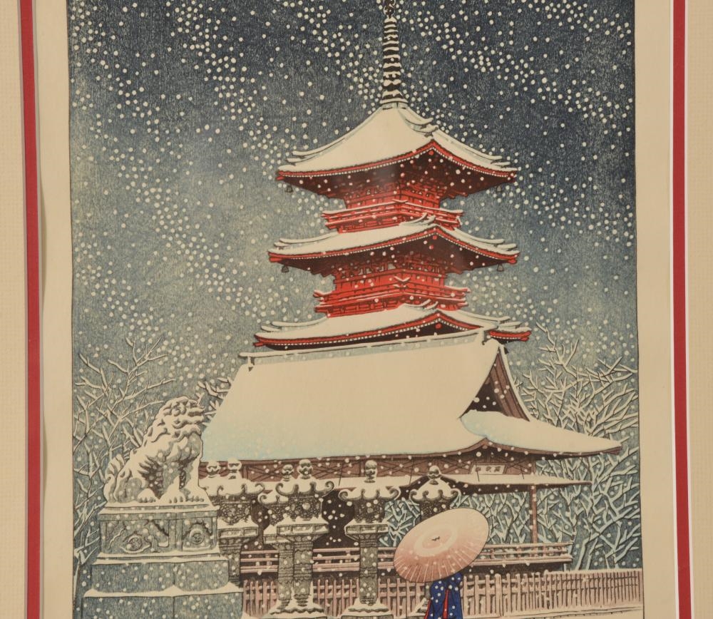 Artwork by Hasui Kawase, Snow at Ueno Toshogu Shrine, Made of color woodblock print