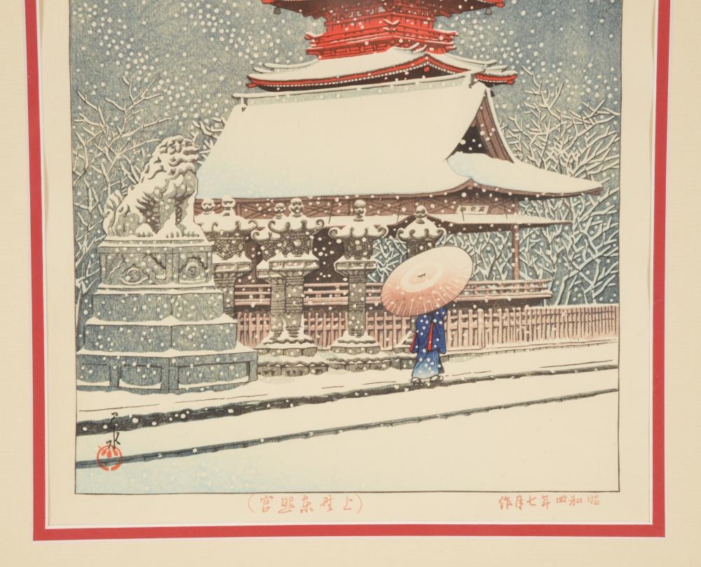 Artwork by Hasui Kawase, Snow at Ueno Toshogu Shrine, Made of color woodblock print