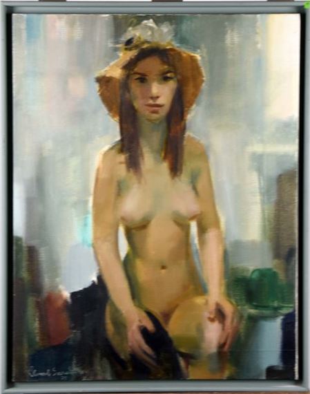 Nu au chapeau de paille, daté 1975 by Clement Serneels, circa 1975