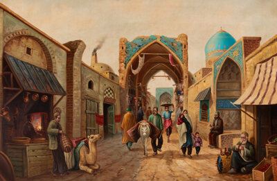 A bustling Arabian marketplace by Persian School