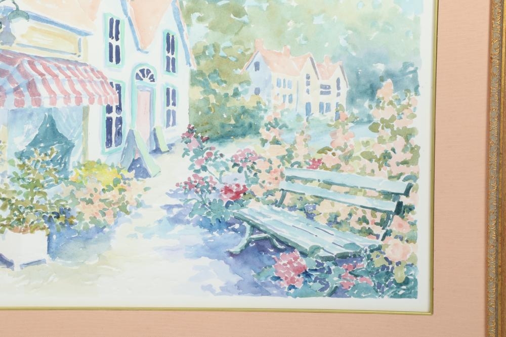 Artwork by C. Winterle Olson, large impressionistic street scene with garden, Made of watercolors, oil, acrylic, printmaking, collage, pen and ink