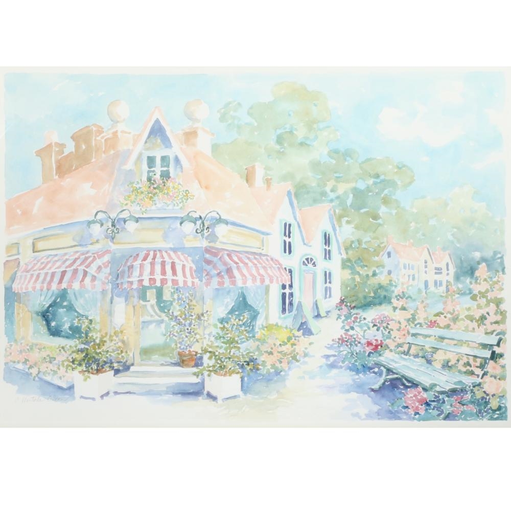 Artwork by C. Winterle Olson, large impressionistic street scene with garden, Made of watercolors, oil, acrylic, printmaking, collage, pen and ink