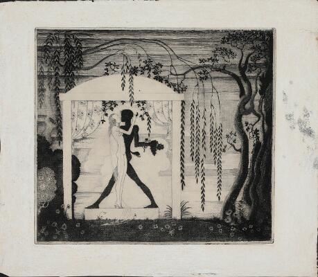 A black-and-white print depicting a couple in an arched alcove surrounded by weeping willow branches.