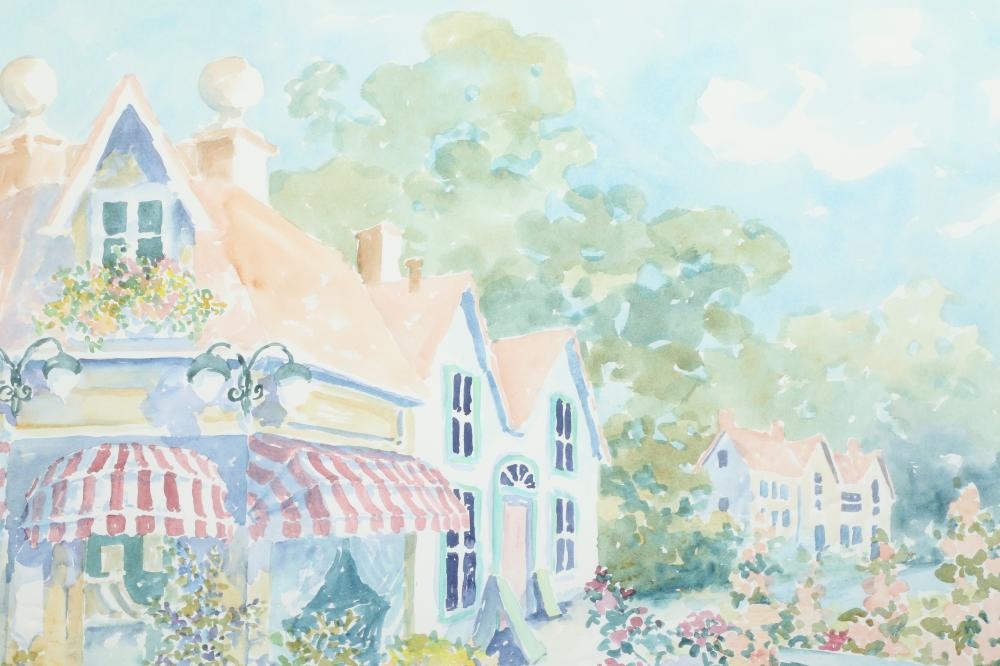 Artwork by C. Winterle Olson, large impressionistic street scene with garden, Made of watercolors, oil, acrylic, printmaking, collage, pen and ink