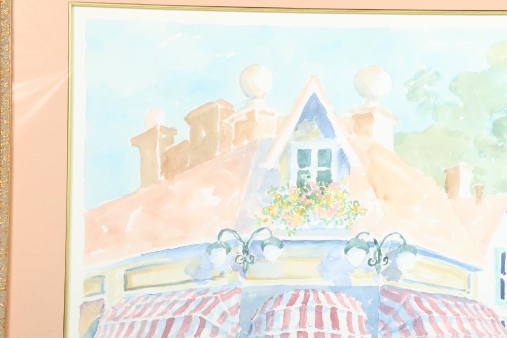 Artwork by C. Winterle Olson, large impressionistic street scene with garden, Made of watercolors, oil, acrylic, printmaking, collage, pen and ink