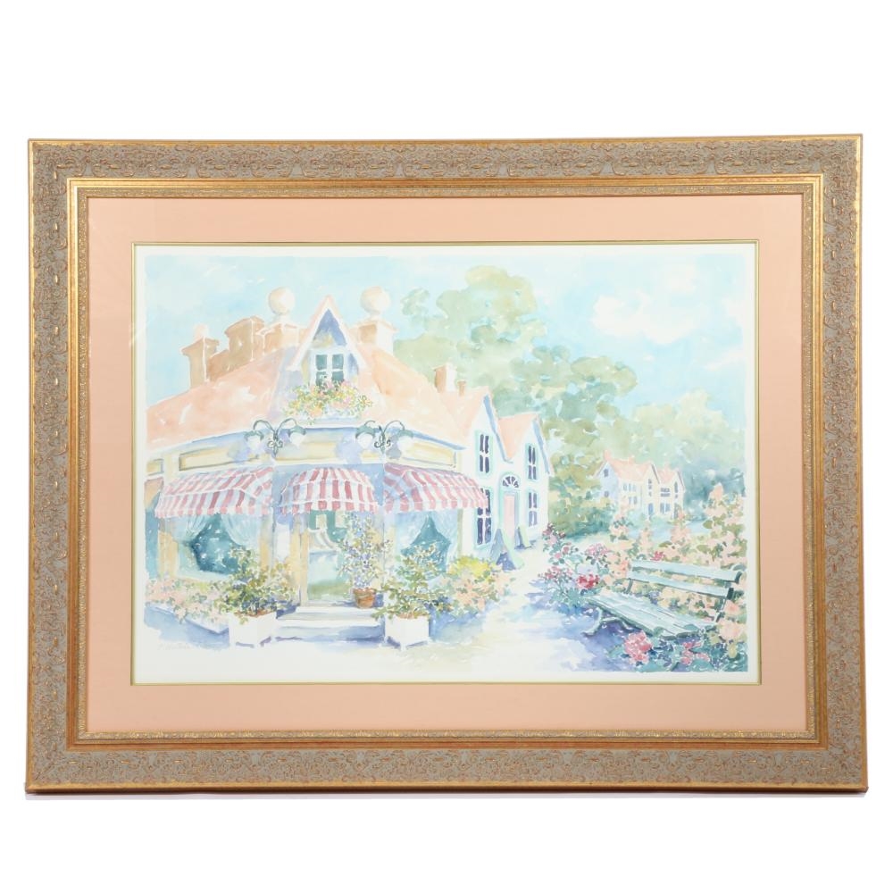 Artwork by C. Winterle Olson, large impressionistic street scene with garden, Made of watercolors, oil, acrylic, printmaking, collage, pen and ink