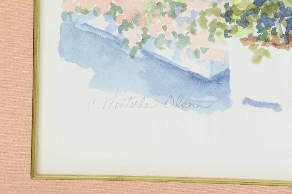 Artwork by C. Winterle Olson, large impressionistic street scene with garden, Made of watercolors, oil, acrylic, printmaking, collage, pen and ink