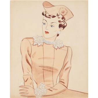 Miriam Haskell Larry Austin jewelry illustration watercolor mixed media on board depicting model wearing Miriam Haskell floral beaded jewelry - Miriam Haskell