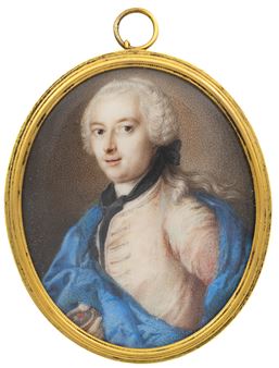Portrait eines Edelmannes in pinkigem Mantel und blauer Robe mit einer Miniatur in der Hand - Johann Esaias Nilson
